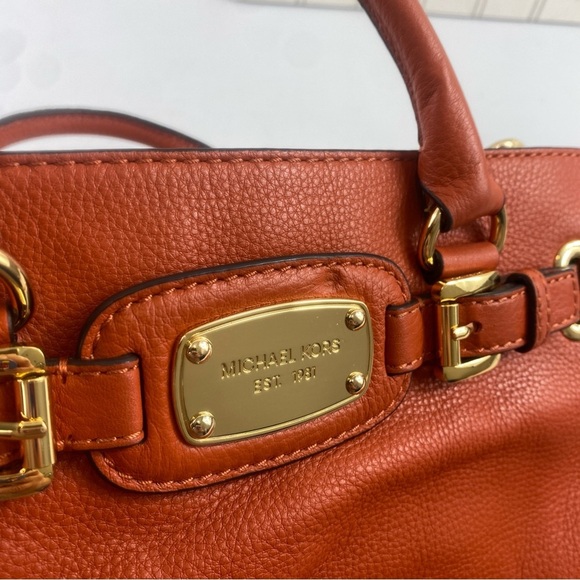 Michael Kors Hamilton Orange Pebble Leather Gold Chain Satchel Shoulder BagPurse - Picture 14 of 16